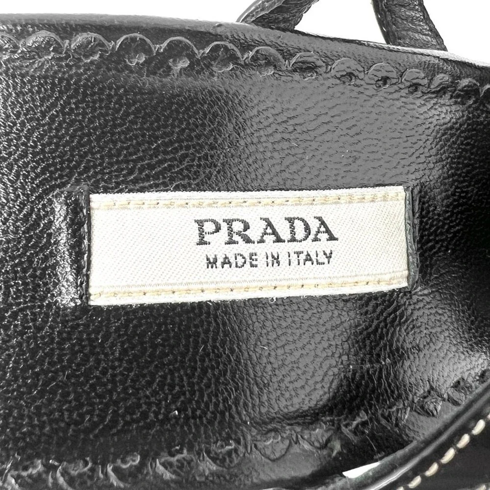 Prada Black Patent Leather Floral Wedge Sandals Strappy Heels Made‎ in Italy 37